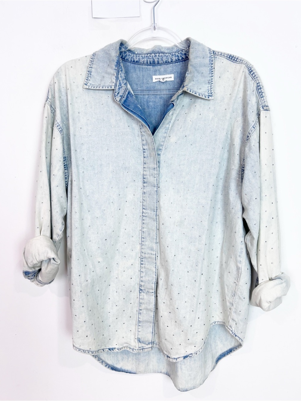 GOOD AMERICAN BLUE WEEKEND RHINESTONE OVERSIZE NONSTRETCH DENIM SHIRT SZ 0/XS